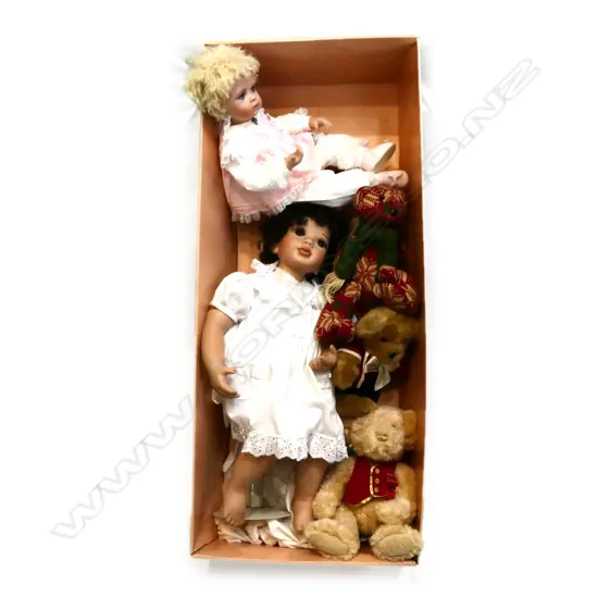 BOX LOT ASST DOLLS, TEDDIES ETC