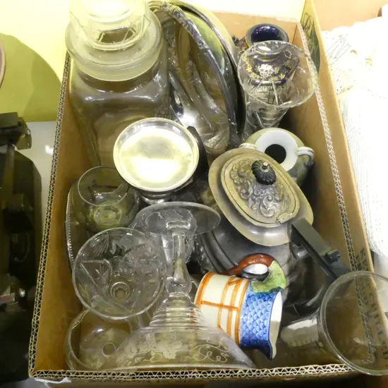 BOX LOT EPNS, GLASS, CERAMICS ETC