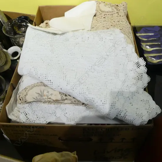 BOX LOT ASST LINEN; TABLECLOTHS, LACE ETC