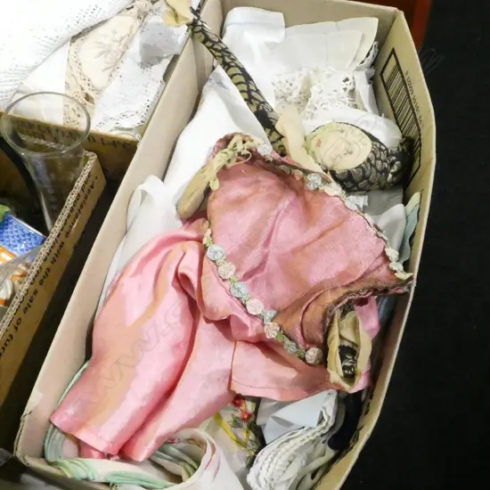 BOX LOT ASST LINEN; TABLECLOTHS, LACE, CHILDRENS CLOTHES ETC