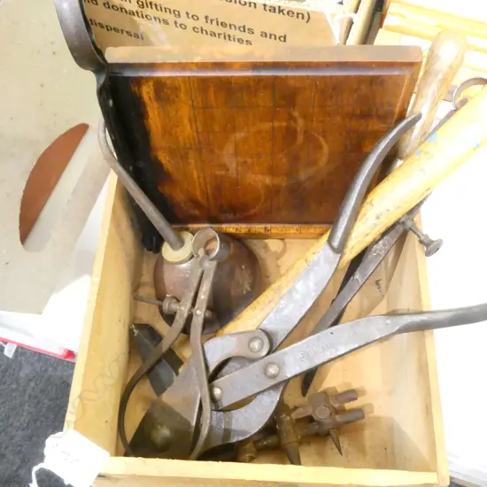 BOX LOT ASST. TOOLS; GUILLOTINE ETC