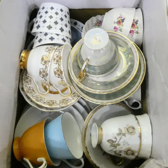 BOX LOT ASST CHINA TEACUPS ETC