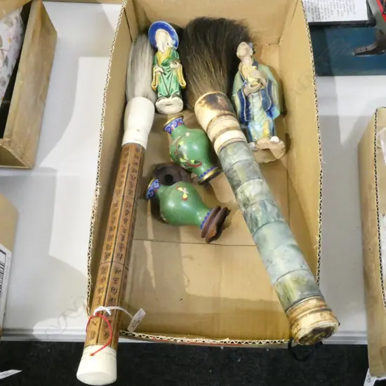 2 LGE CHINESE CALLIGRAPHER'S BRUSHES, CLOISONNE VASES, CERAMIC FIGURES