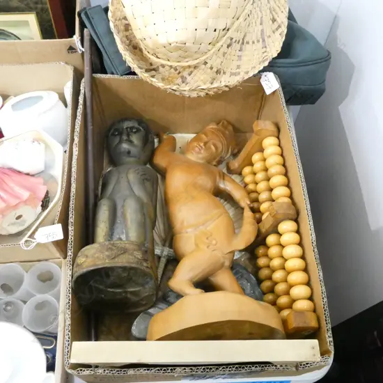 BOX LOT WOODEN CARVING, WOVEN FLAX, HAT, ETC