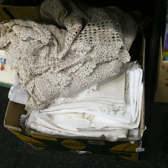 BOX LOT ASST LINEN; TABLECLOTHS, LACE ETC