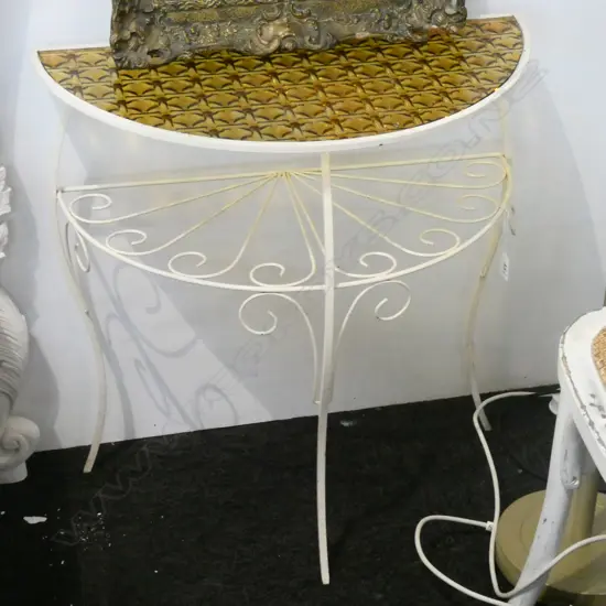 VINTAGE WHITE PAINTED METAL DEMILUNE TABLE AMBER GLASS TOP H. 650MM