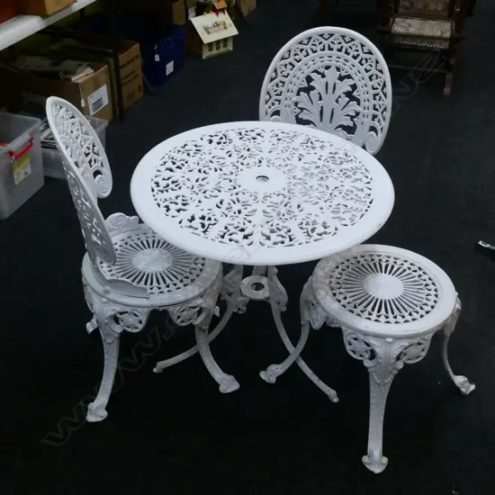 4 PCE WHITE METAL PATIO SET; 2 CHAIRS, STOOL & TABLE