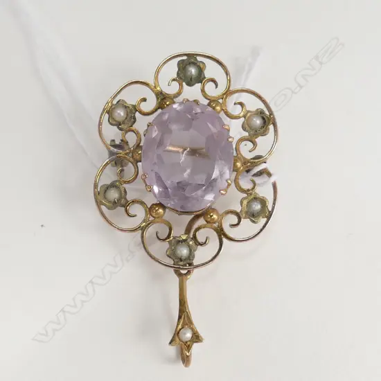 9ct GOLD EDWARDIAN BROOCH SET w AMETHYST & PEARLS. 4gm