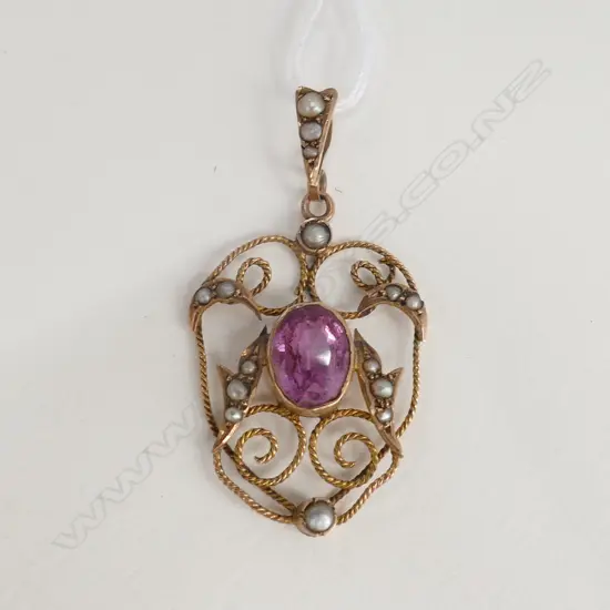 9ct GOLD EDWARDIAN PENDANT SET w ALMANDINE GARNET & PEARLS 1.6gm 