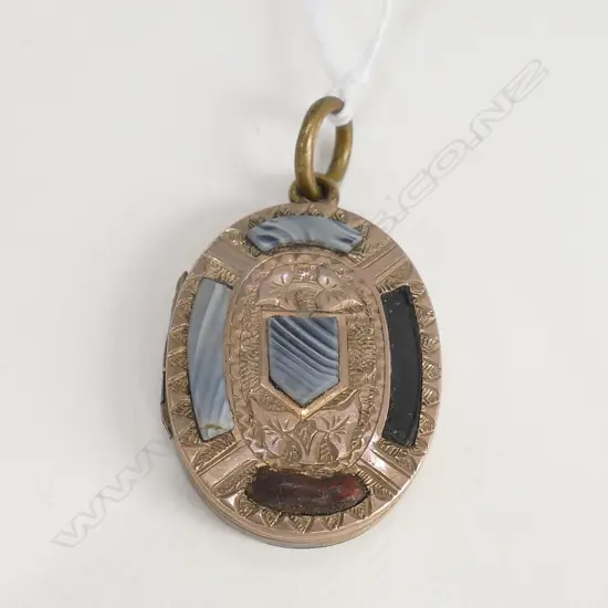 9ct GOLD LOCKET w HARDSTONES ( BACK w LEAD SOLDER REPAIRS)