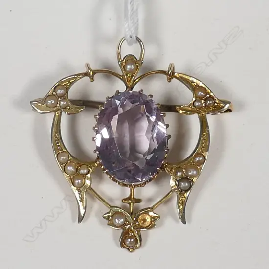 EDWARDIAN ART NOUVEAU 9CT GOLD AMETHYST PEARL PENDANT