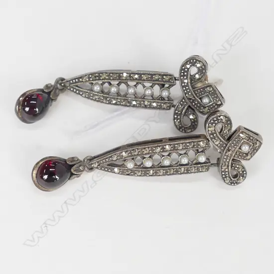 PR ART DECO SILVER EARRINGS SET w PEARLS, MARCISITES & GARNET DROPS