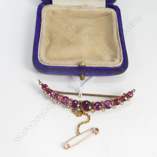 VICTORIAN GARNET AND PEARL 9CT GOLD CRESCENT BROOCH