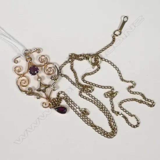 EDWARDIAN ART NOUVEAU 9CT GOLD AMETHYST PEARL PENDANT & FINE 9CT GOLD CHAIN