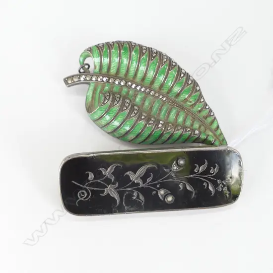 STG SIL ENAMEL & MARCISITE BROOCH + STG SIL BLACK ENAMEL & PEARL BROOCH