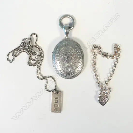 S/SILVER  INGOT PENDANT, S/SILVER HEART LOCKET BRACELET, LG SILVER? ORNATE LOCKET