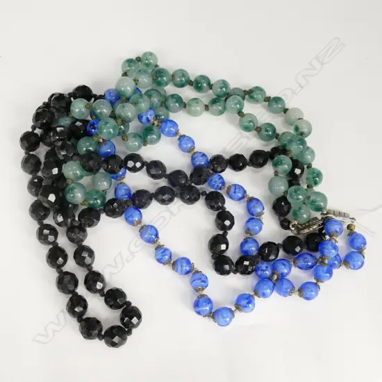 3 BEAD NECKLACES - DYED AGATE(?), BLUE GLASS & BLACK GLASS