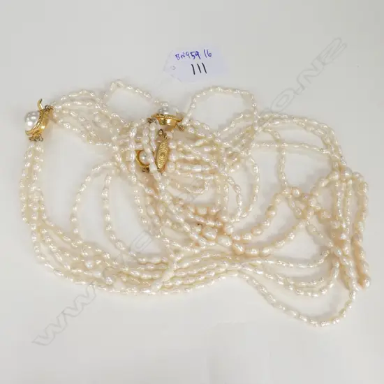 MULTI-STRAND SEED PEARL NECKLACE & TWO BRACELETS, AND SINGLE STRAND NECKLACE, GOLD PLATED CLASPS
