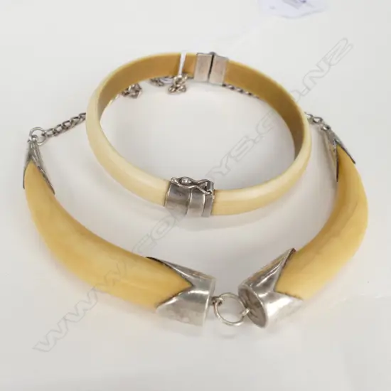 2 PIECES TRIBAL SILVER? IVORY? JEWELLERY; BRACELET AND PENDANT