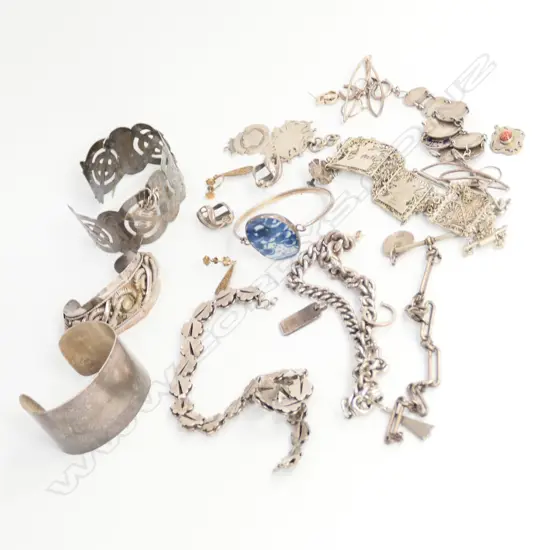 BAG OF STERLING BANGLES, EARRINGS, CHAIN, ETC. TOTAL 358gm