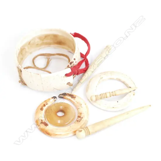 4 TRIBAL BONE PIECES AND 3 VICTORIAN SEWING BOBBINS