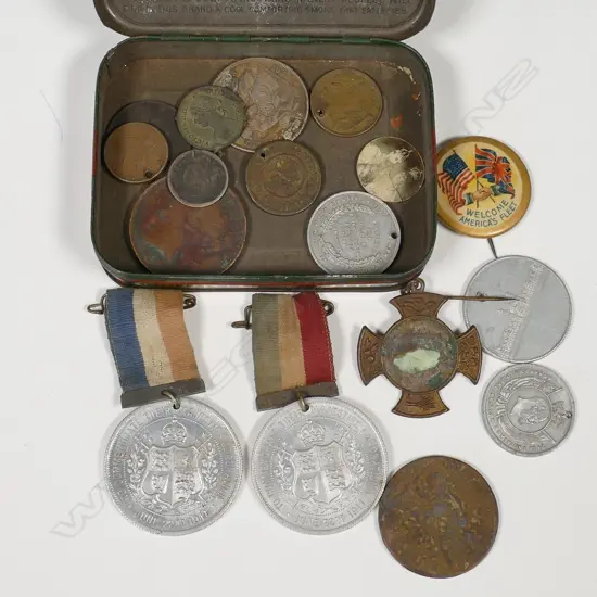 TIN OF ASST MEDALS, TOKENS ETC