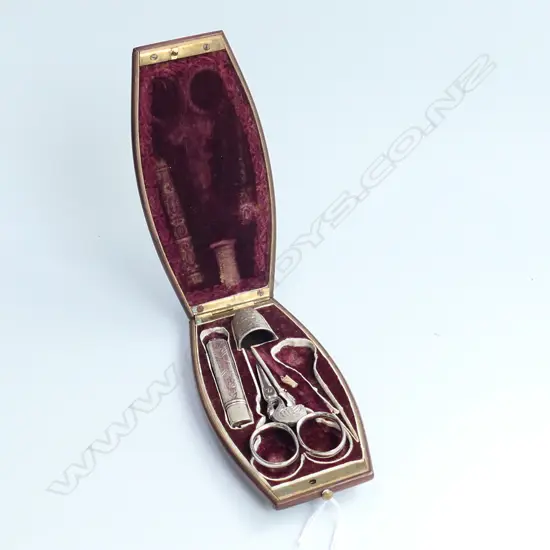 INLAID WOOD CASED SEWING NECESSAIRE (2 SILVER PCES, REPLACED SCISSORS,1 PCE ABSENT)
