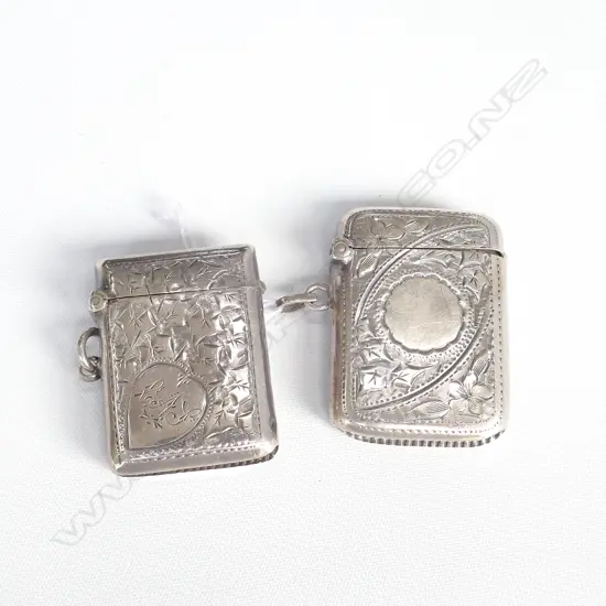 2 STG SILVER ENGRAVED VESTA CASES CHESTER 1904 AND BIRMINGHAM 1905 31.6 GRAMS