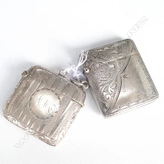 2 STG SILVER VESTA CASES ENGRAVED BIRMINGHAM 1899 AND CHESTER 1902 48.7 GRAMS