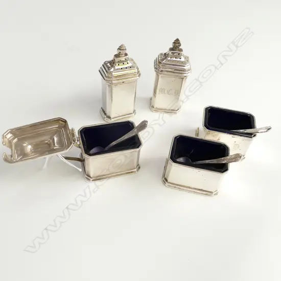 5 PC STERLING CRUET SET WITH 3 SPOONS ADIE BROS BIRMINGHAM &#x2B; 1 SALT 1930 &#x2B; ALL OTHER PCS 1931 MONOGRAMMED BLUE GLASS 