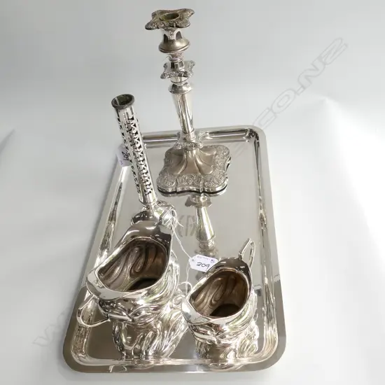 SILVER PLATE CANDLESTICK/SPILL VASE (NO LINER)/SILVER PLATE TRAY/SILVER PLATE CREAM &amp; SUGAR