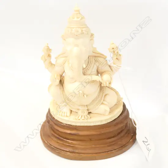 CARVED IVORY INDIAN GANESH FIGURE WOOD BASE