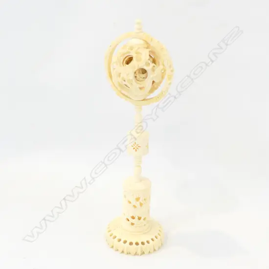 OLD CHINESE CARVED IVORY PUZZLE BALL ON STAND