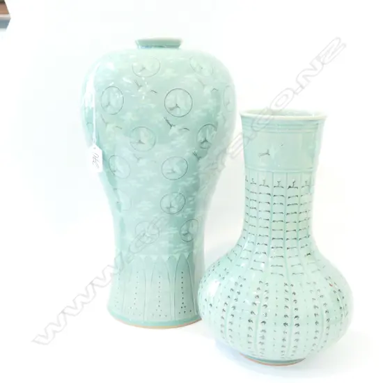 2 CELADON ORIENTAL VASES LARGEST 400MM H