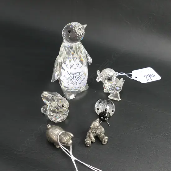 4 SWAROVSKI ORNAMENTS PENGUIN H.90MM, DUCK LADYBUG &amp; RABBIT &#x2B; 2 SMALL PEWTER ANIMALS