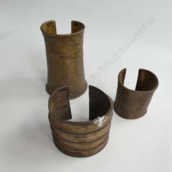 3 OLD SENUFO WIDE BRONZE CURRENCY BRACELETS/CUFFS