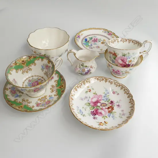 3 TEA CUPS & SAUCERS INCL. 1 SHELLEY + MILK AND SUGAR