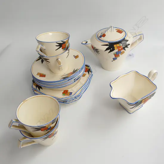 14 PCE ROYAL WINTON ART DECO TEA SET; TEAPOT, MILK, SUGAR, 4 TRIOS