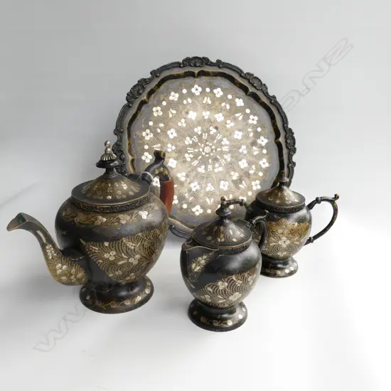 BLACK ETCHED TEA SET; TEAPOT, MILK, SUGAR, TRAY