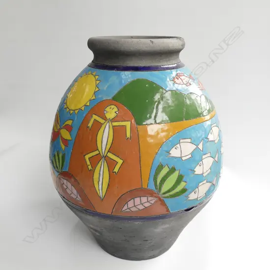 NZ STUDIO POTTERY VASE BRIGHTLY GLAZED RAKU