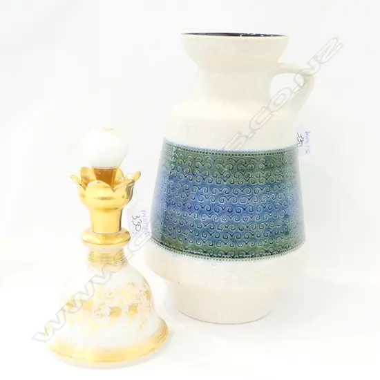 LARGE CERAMIC VASE 300MM H AND RETRO DECANTER AF CHIPPED