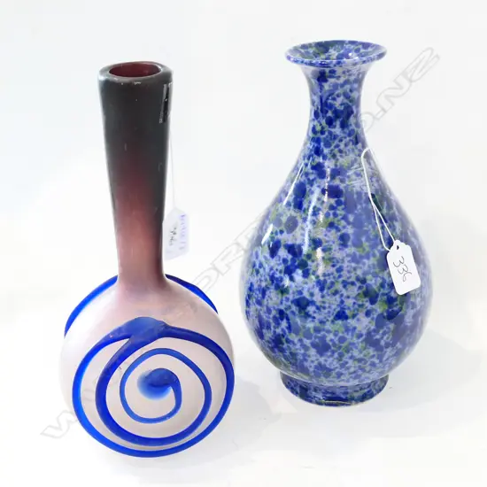TWO BLUE VASES; ONE CERAMIC ONE GLASS 270MM H