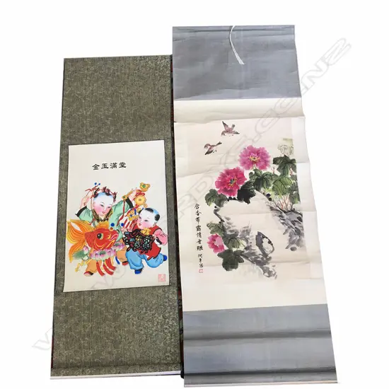 2 CHINESE SCROLLS, 1 W/C BIRDS/LANDSCAPE, 1 CHILDREN, BOXED, H.1600 & 2370MM