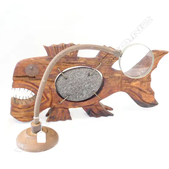 CARVED WOODEN FISH 500MM L AND MAGNIFYING GLASS ON STAND