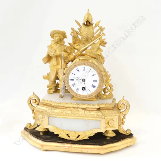 FRENCH 19thC GILDED METAL AND ALABASTER MANTLE CLOCK 350MM H