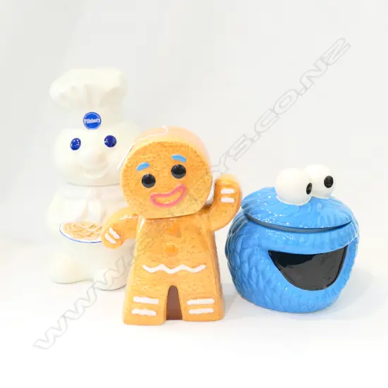 3 BISCUIT CONTAINERS; PILLSBURY MAN, GINGERBREAD MAN, COOKIE MONSTER