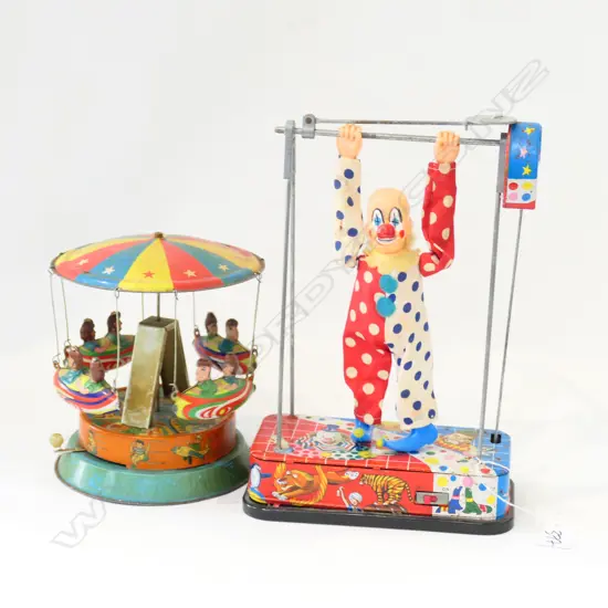 VINTAGE TIN TOY CLOCKWORK CAROUSEL & ACROBAT