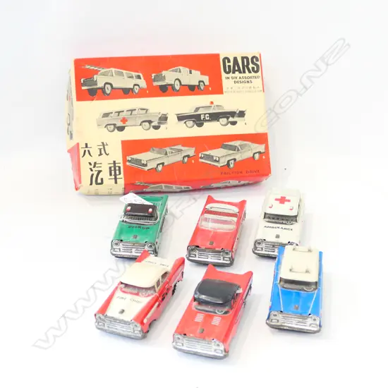 6 TIN TOY CARS, BOXED