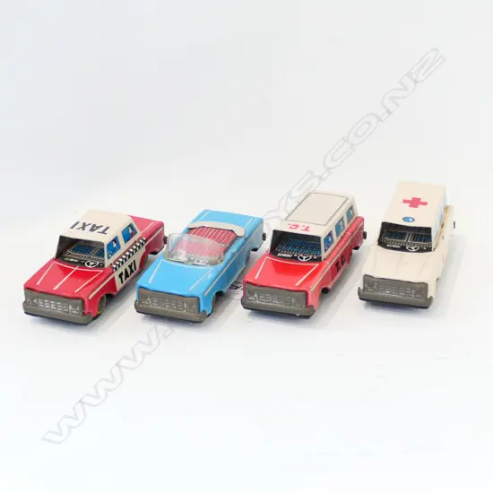 4 TIN CARS; CONVERTABLE, AMBULANCE, T.C. & TAXI