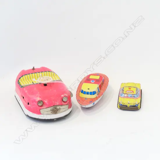3 TIN TOYS; BUMPER CAR, BOAT AND TAXI